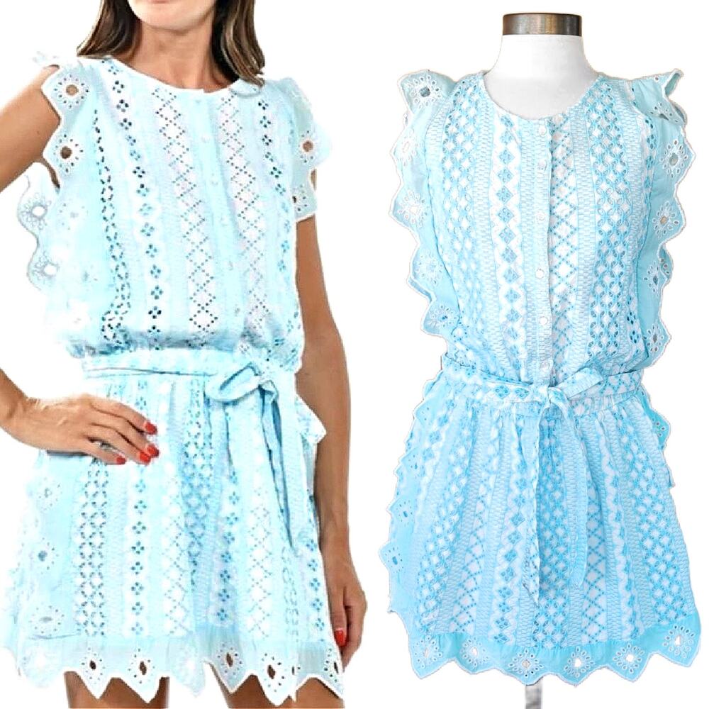 Chloe Laetitia Barok Paris Blue Eyelet Beachy Boho Mini Dress M/L Belted Preppy